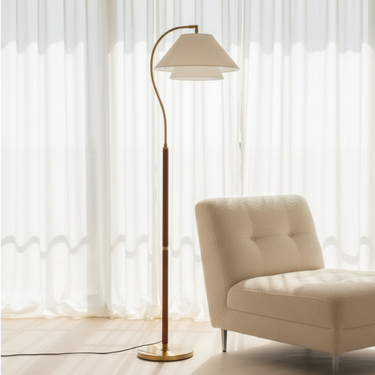 Elegant Gold Arc Floor Lamp with Two-Tiered Fabric Shade for Living Room Floor Lamp