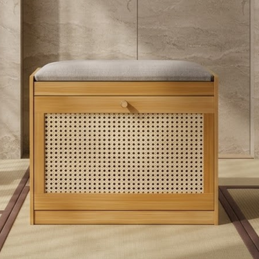 Traditional Bamboo Rattan Shoe Storage Bench with Cushion for Entryway Benches