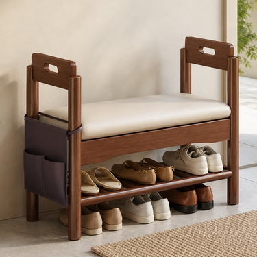 Vintage Shoe Storage Bench with Armrests with Walnut Entryway Seat Benches