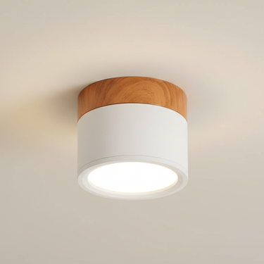Button Wood Flush Mount Ceiling Light - Minimalist Aluminum Fixture with Wood Accent Lighting