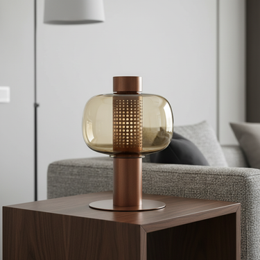 Modern Amber Glass Table Lamp with Copper Base Lamps & Light Fixtures