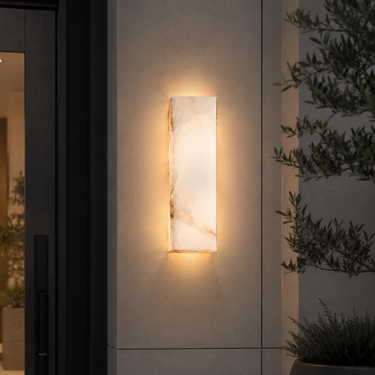 Rectangular outdoor wall light fixture on a building exterior with plants around.