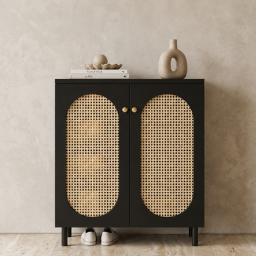 Modern Minimalist 4-Tier Shoe Storage Cabinet with Rattan & Glass Organizer for Entryway Shoe Storage