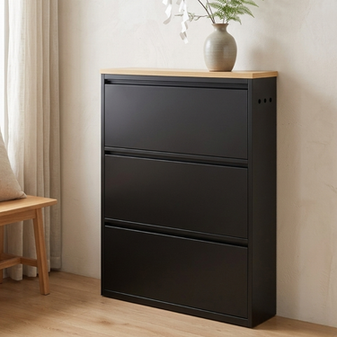 Modern Minimalist Shoe Storage Cabinet - Slim Steel Organizer with Drawers Shoe Storage
