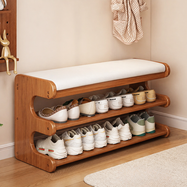 Elegant Bamboo Entryway Bench With Shoe Storage & PU Leather Seat Shoe Benches