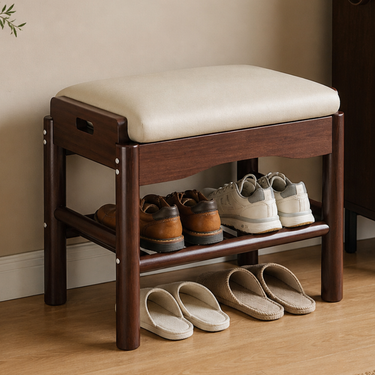 Elegant Rubberwood Shoe Storage Bench with Open Shelf for Entryway Shoe Benches