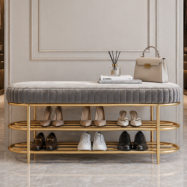 Elegant Velvet Shoe Storage Bench with Iron Frame - 2-Tier Entryway Design Benches