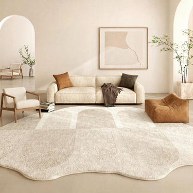 Château Vellure - Elegant French Cream Plush Area Rug, Irregular Shape Washable Living Room Rug Rugs