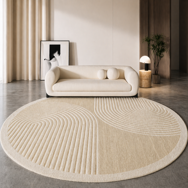 Montrella - Luxury Beige Round Carpet Rug with Minimalist Stripe Design for Living Room or Bedroom Rugs