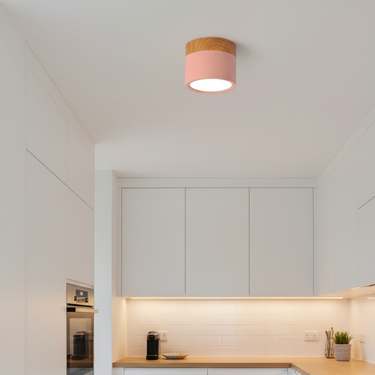 Button Wood Flush Mount Ceiling Light - Minimalist Aluminum Fixture with Wood Accent Lighting