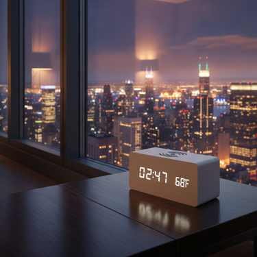 Stylish Wooden Digital Alarm Clock with Wireless Charging & Voice Activation