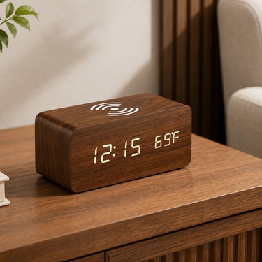 Stylish Wooden Digital Alarm Clock with Wireless Charging & Voice Activation