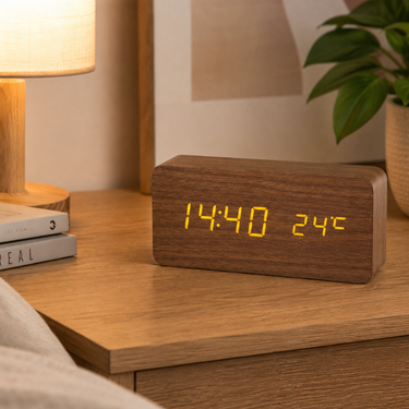 Natural Wood LED Digital Alarm Clock with Triple Alarm & Brightness Control