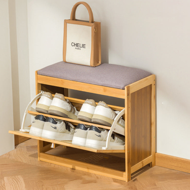 Traditional Bamboo Rattan Shoe Storage Bench with Cushion for Entryway Benches