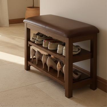 Vintage Solid Wood Shoe Storage Bench with PU Leather Seating for Entryway or Hallway Benches