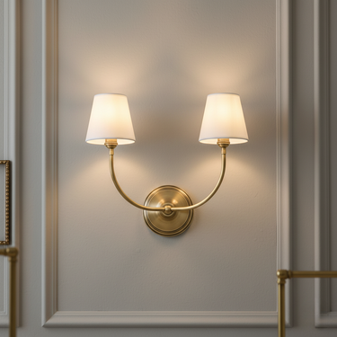 Cadence Double Wall Sconce Lighting with Brass Arms & Fabric Shades Wall Sconces