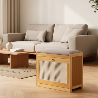 Traditional Bamboo Rattan Shoe Storage Bench with Cushion for Entryway Benches