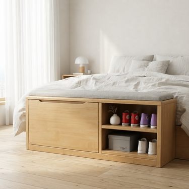 Scandinavian Solid Wood 2-Tier Shoe Storage Cabinet with Cushioned Seat for Entryway Shoe Storage