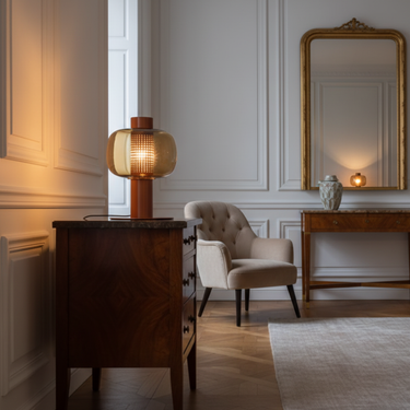 Modern Amber Glass Table Lamp with Copper Base Lamps & Light Fixtures