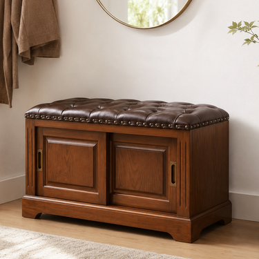 Elegant Solid Wood Shoe Storage Bench with Leather Upholstery Shoe Storage Benches