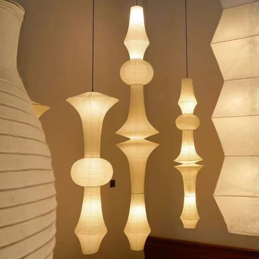 Akari E Japanese Rice Paper Pendant Light – White Paper Hanging Lantern, Adjustable Height Pendant Lighting