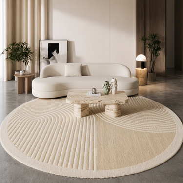 Montrella - Luxury Beige Round Carpet Rug with Minimalist Stripe Design for Living Room or Bedroom Rugs