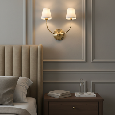 Cadence Double Wall Sconce Lighting with Brass Arms & Fabric Shades Wall Sconces