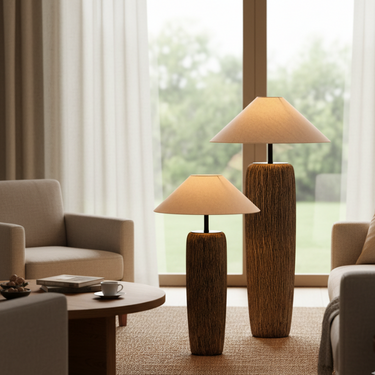Norvyn Root - Modern Floor Lamp with Weathered Wood & Soft Fabric Shade Lamps