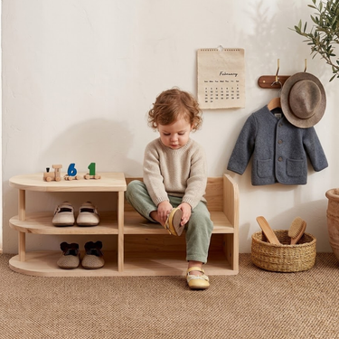 Children Shoe Storage Bench with Japanese Pine Wood 2-Tier Entryway Rack Benches