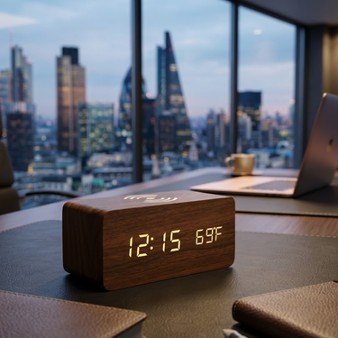 Stylish Wooden Digital Alarm Clock with Wireless Charging & Voice Activation