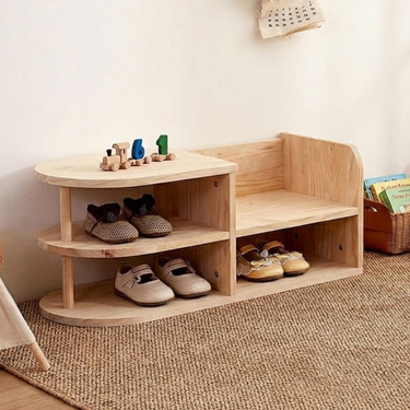 Children Shoe Storage Bench with Japanese Pine Wood 2-Tier Entryway Rack Benches
