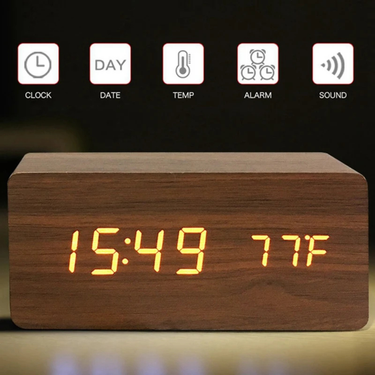 Natural Wood LED Digital Alarm Clock with Triple Alarm & Brightness Control