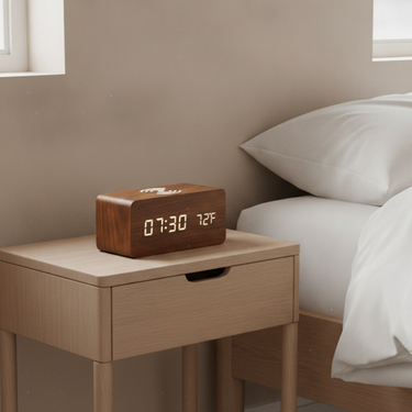Stylish Wooden Digital Alarm Clock with Wireless Charging & Voice Activation