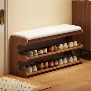 Elegant Bamboo Entryway Bench With Shoe Storage & PU Leather Seat Shoe Benches