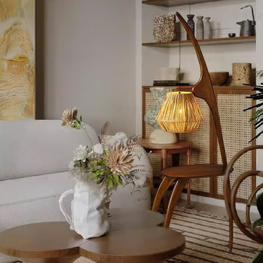 Elegant Minimalist Floor Lamp with Natural Wood & Rattan Shade Floor Lamps