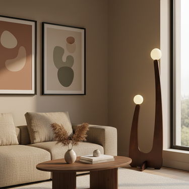 Kado Sculptural Wood Floor Lamp – Dual Globe Floor Light for Modern Living Spaces Floor Lamps