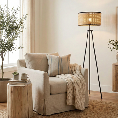 Elegant Morenci Floor Lamp with Handmade Wicker Shade & Minimalist Design Floor Lamps