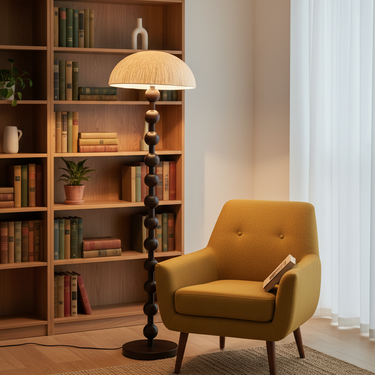 Elegant Wooden Bead Floor Lamp - Modern Design with Rice Paper Shade for Living Room Floor Lamps