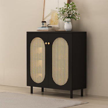 Modern Minimalist 4-Tier Shoe Storage Cabinet with Rattan & Glass Organizer for Entryway Shoe Storage