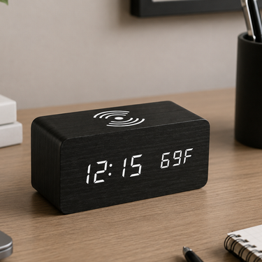 Stylish Wooden Digital Alarm Clock with Wireless Charging & Voice Activation