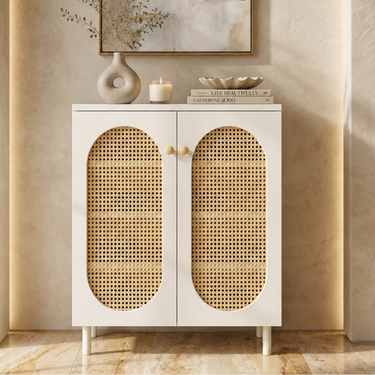 Modern Minimalist 4-Tier Shoe Storage Cabinet with Rattan & Glass Organizer for Entryway Shoe Storage