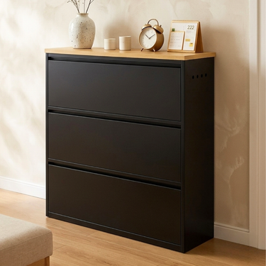 Modern Minimalist Shoe Storage Cabinet - Slim Steel Organizer with Drawers Shoe Storage