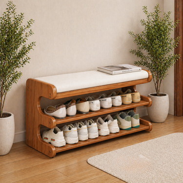 Elegant Bamboo Entryway Bench With Shoe Storage & PU Leather Seat Shoe Benches