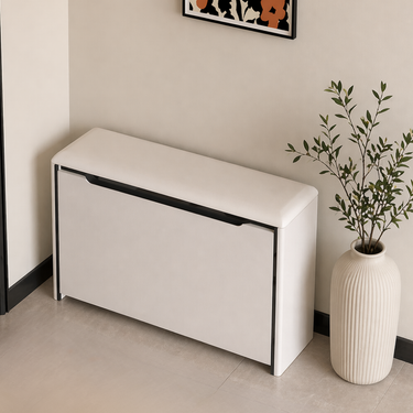Minimalist Shoe Storage Cabinet - PU Leather Bench with Pine Base Shoe Storage