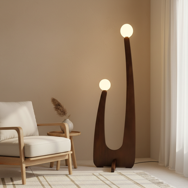 Kado Sculptural Wood Floor Lamp – Dual Globe Floor Light for Modern Living Spaces Floor Lamps